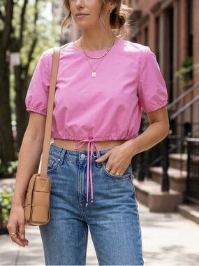 STAUD Bubblegum Pink Short-Sleeve Drawstring Crop Top…